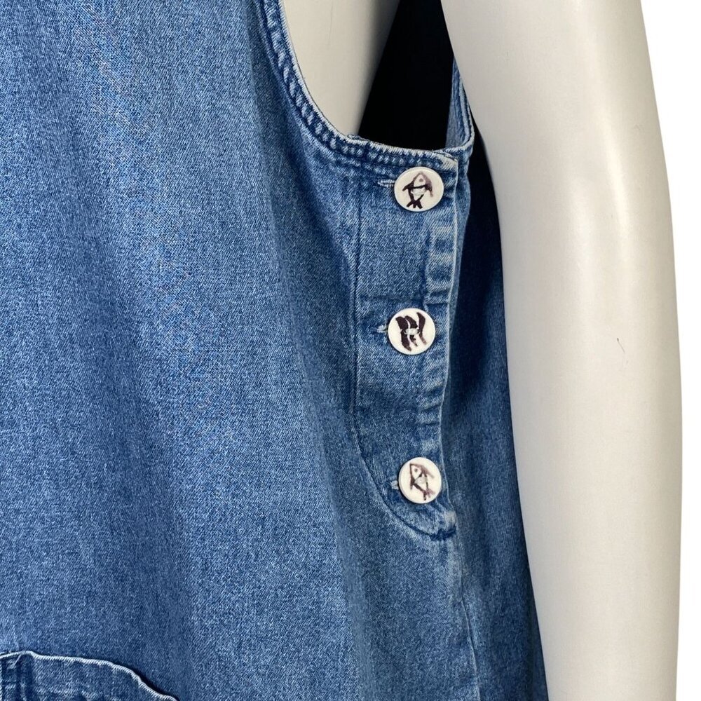 Vintage Denim Sleeveless Apron Dress Size XL Fish Motif Side Buttons Relaxed Fit - Picture 5 of 7